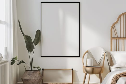 Modern cozy bedroom with minimalist furniture and decor, featuring a stylish frame and natural plant