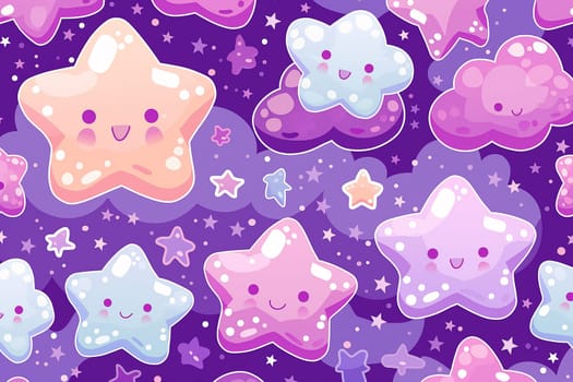 Cute cartoon stars and clouds with smiling faces on a purple background with pastel colors