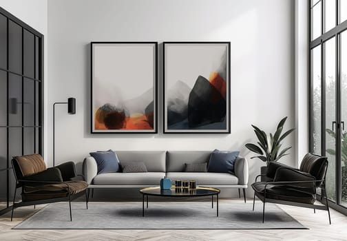Modern living room interior design with abstract paintings, comfortable sofa, and elegant decor