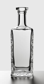 Elegant transparent crystal carafe, ornate empty glass decanter with intricate pattern design