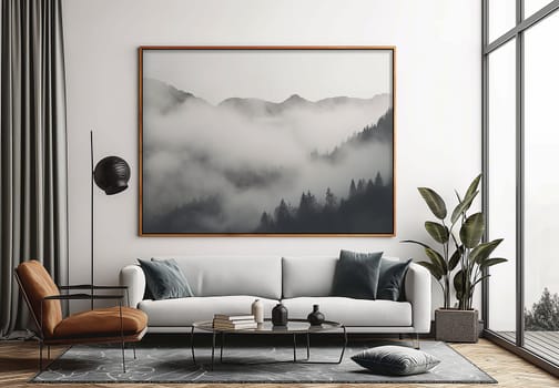 Modern living room showcasing fog-covered mountains and forest scenery with minimalist decor