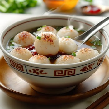 Asian Soup Bowl with Steaming Fish Dumplings and Garnish, Served with Chopsticks