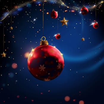 Christmas ornament red ball holiday decoration with gold stars and glitter hanging in festive night sky