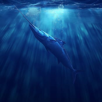 Marlin fish swimming underwater in the blue ocean with sunlight, depicting nature and marine wildlife