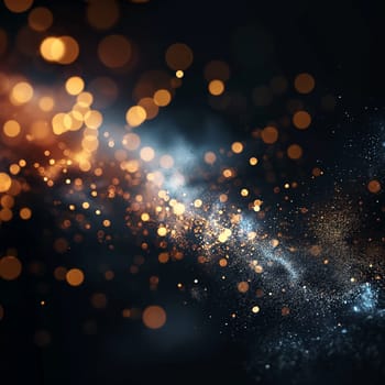 Abstract bokeh sparkles with a dark background and golden light creating a blurred shimmering glow