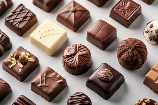 Assorted chocolates and pralines in an elegant display of delicious gourmet artisanal sweets