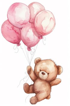 Cute teddy bear floating with pink balloons, perfect for a child's birthday gift illustration