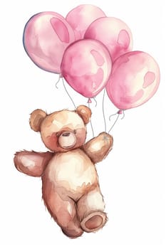 Cute teddy bear illustration with pink balloons floating in the sky, perfect for children's art