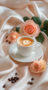 Latte coffee in a cup with roses and petals on a saucer surrounded by beans for a floral aesthetic