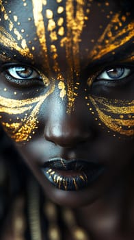 Beautiful portrait of a woman with black and gold face makeup, showcasing fashion, art, and beauty