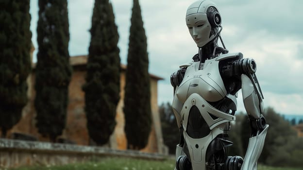 Android robot standing outdoors in nature with trees and architecture showcasing advanced technology