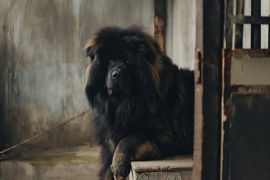 Majestic black Tibetan Mastiff dog sitting indoors with fluffy fur and chain, portrait of a loyal pet