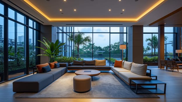 Modern luxury living room interior design with elegant comfortable furniture in a spacious and bright area