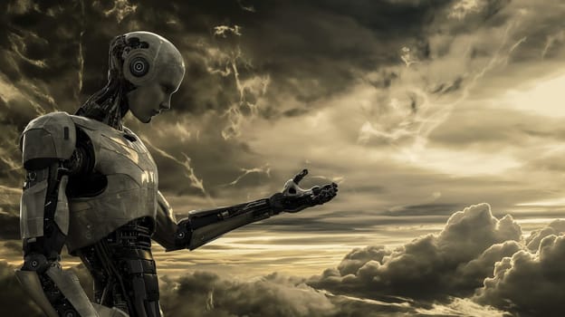 Cyborg robot android in the sky with clouds, showcasing future technology and artificial intelligence