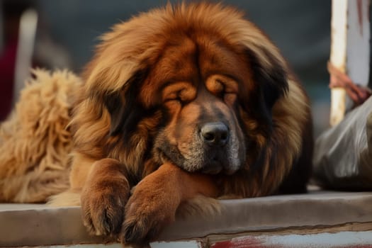 Adorable Tibetan Mastiff Dog Sleeping Peacefully&#58; Furry, Lazy, Cozy Canine Relaxing with Gentle Grace