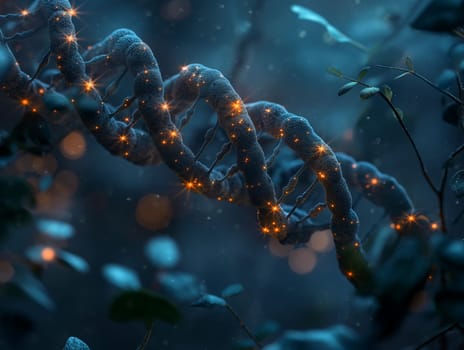Glowing DNA helix with blue background and leaves, closeup science macro shot showing genetic structure