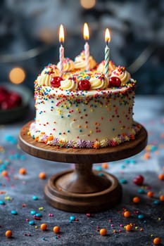 Colorful birthday cake with candles and cherries topped with sprinkles, perfect for a celebration