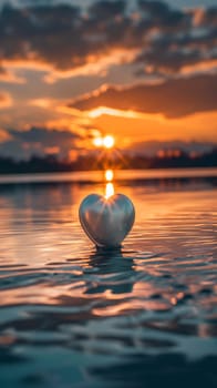 Heart reflection at sunset over a serene lake with a romantic and peaceful glow in the water