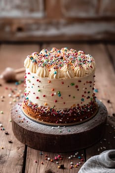 Delicious cake with colorful sprinkles and frosting on a wooden table for a festive celebration