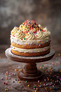 Delicious birthday cake with colorful sprinkles and creamy frosting on a wooden stand