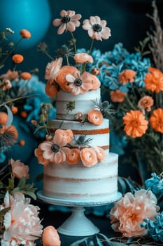 Elegant wedding cake decorated with roses, petals, daisies, and stunning floral arrangements.