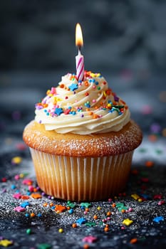 Colorful birthday cupcake with frosting, sprinkles, and a candle, perfect for a celebration treat