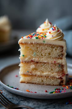 Delicious slice of vanilla cake with buttercream frosting and colorful sprinkles on a plate