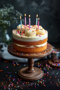 Birthday cake with candles, icing, and sprinkles for a celebration dessert at a party event