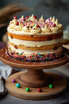Delicious birthday cake with colorful frosting, sprinkles, and layers perfect for a celebration party