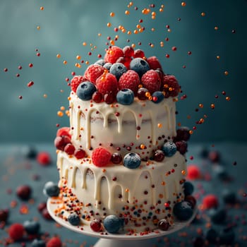 A delicious layered cake with berries, icing, and frosting for a celebration party dessert