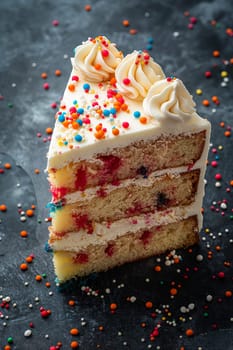Delicious slice of vanilla cake with colorful frosting and sprinkles for a festive celebration