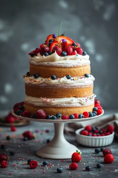 Delicious layered cake topped with fresh strawberries, blueberries, and raspberries on a cake stand