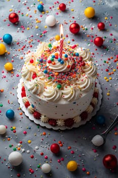 A delicious birthday cake with a candle, sprinkles, and colorful icing, ideal for party celebrations.