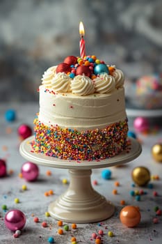 Colorful birthday cake with frosting, sprinkles, and a lit candle for a sweet party celebration