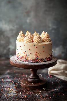 Delicious vanilla birthday cake with creamy frosting, colorful sprinkles, and wooden stand
