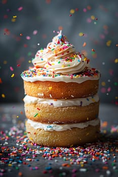 Colorful birthday cake with whipped frosting and sprinkles