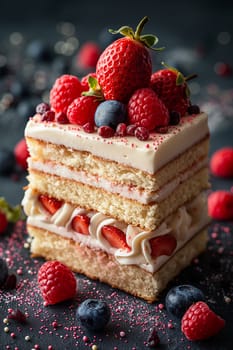 Strawberry cake dessert with berries layered cream sweet fruit and frosting, a perfect baked treat