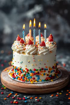 Festive birthday cake with candles, sprinkles, strawberries and more for a party celebration
