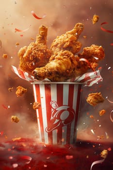 Delicious crispy fried chicken drumsticks in a bucket of golden food.