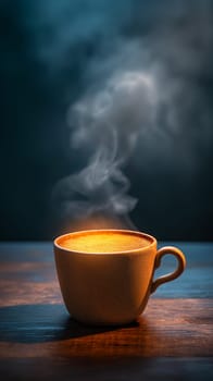 Hot coffee mug with steam rising, warm aroma fills the morning air on a wooden table