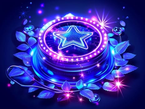 Neon star glowing with vibrant lights and blue decorative design surrounded by shiny leaves