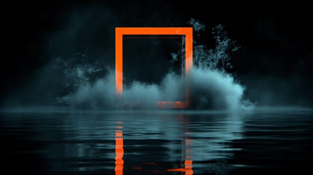 Mystical orange frame with smoke and reflection in water, glowing abstract art at night