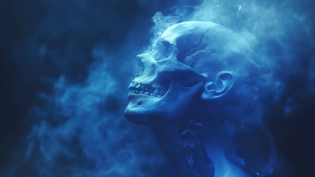 Mystical blue skull surrounded by smoke in digital art depicting a dark and atmospheric scene