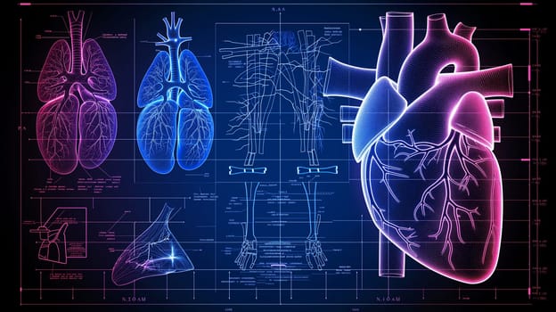Anatomy blueprint chart of the heart, cardiology and vascular system design with arteries and pulse