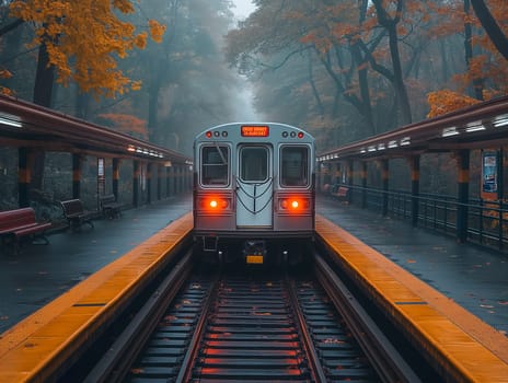 Autumn subway train on foggy tracks surrounded by trees at a station with leaves and lights