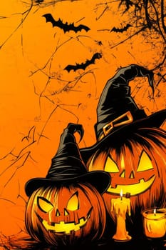 Orange background with pumpkins, candles, spider web, witch hat, bats