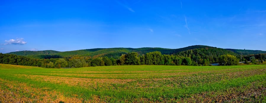 HDR panorama of landscape. czech republic - europe. Beautiful image of nature. Meadow and field with forest. Concept for environment, agriculture and ecology. 