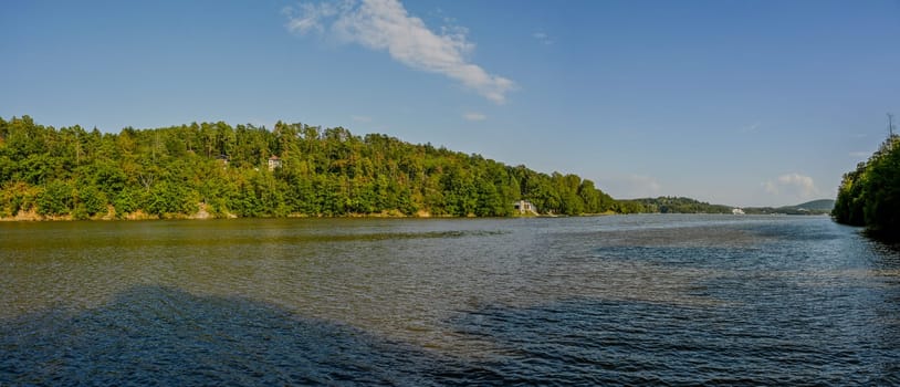 HDR panorama of landscape with water. Brno Dam - Czech Republic - city of Brno. Beautiful shot of nature. Concept for environment and ecology.