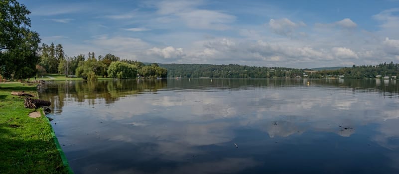 HDR panorama of landscape with water. Brno Dam - Czech Republic - city of Brno. Beautiful shot of nature. Concept for environment and ecology.