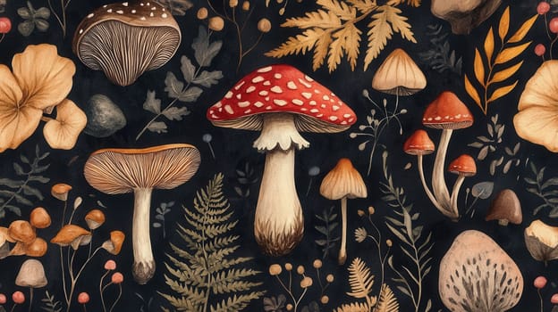 Detailed botanical illustration with mushrooms